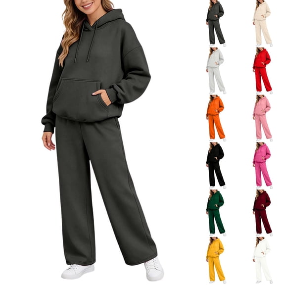 Evdexr Women Sweatsuits 2 Piece Sets Drop Shoulder Long Sleeve Hoodie & Pants Tracksuits with Pockets Fall 2026 Wide Leg High Waisted Casual Outfits 2XL