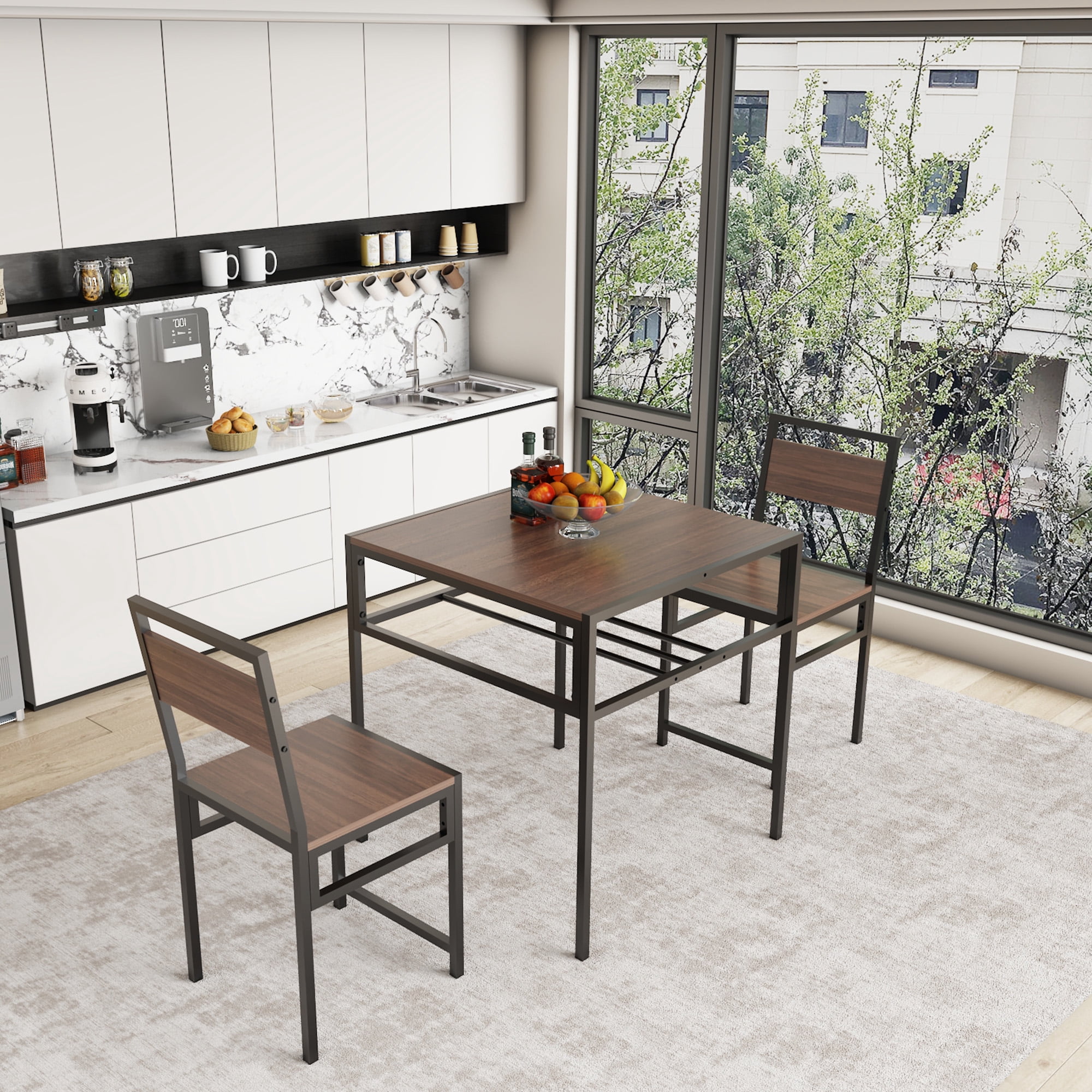 HOQBN Industrial Dining Table Set with 2 Chairs,Small Square Kitchen Table with Storage Rack for Small Space Apartment,Walnut