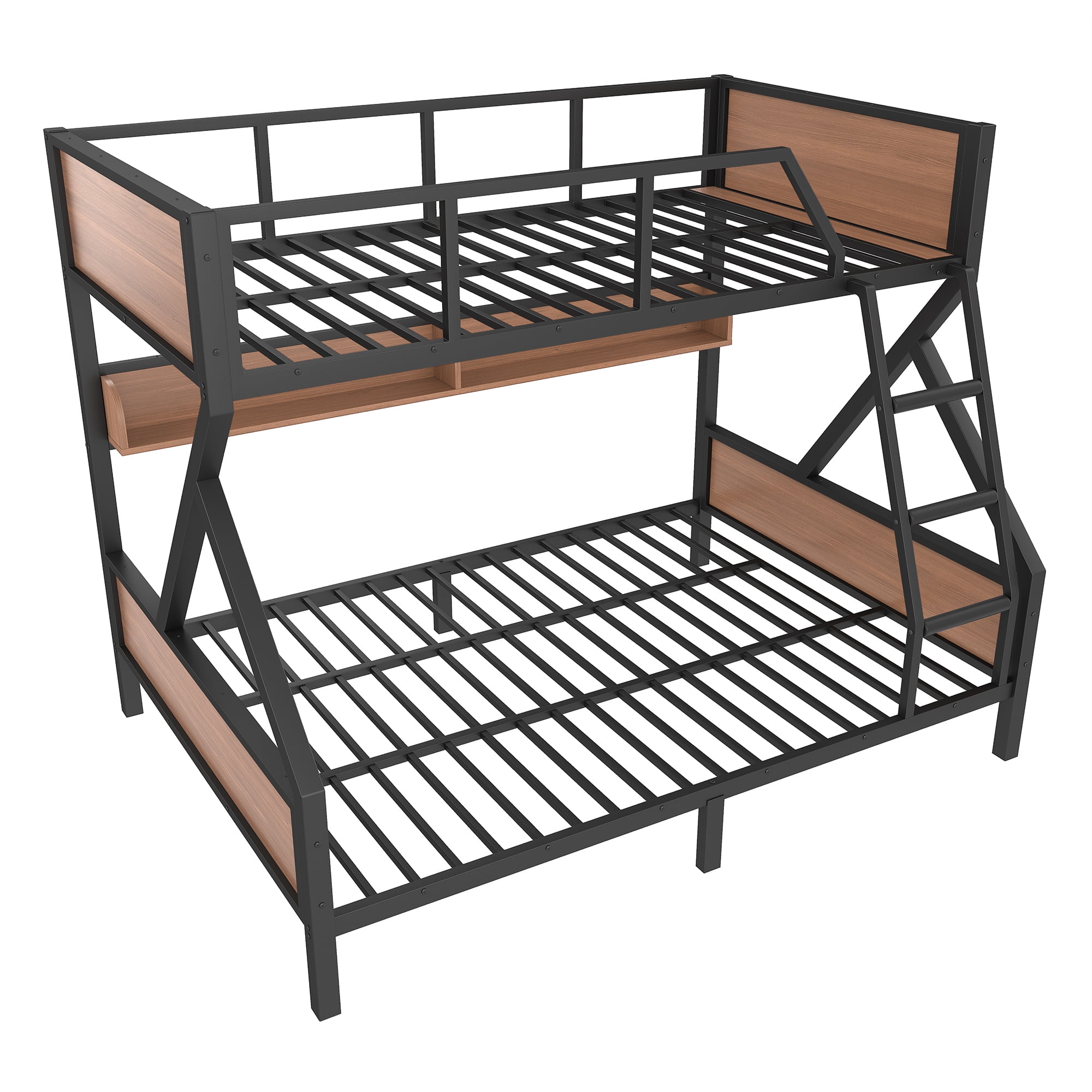 Full XL/Queen over Queen Metal Bunk Bed with Storage Shelves and LED Lights, Metal Bunk Bedframe with Safety Guardrails, Space-saving & Noise-free Design