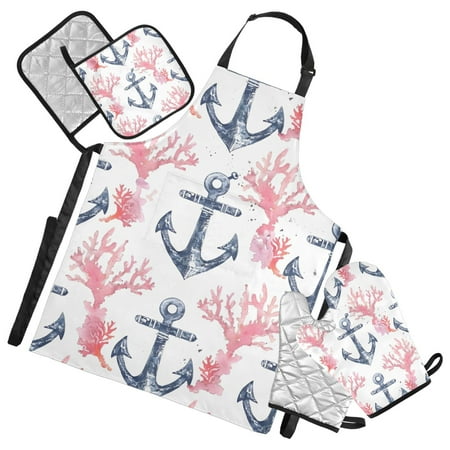 

5 Pcs Kitchen Set Heat Resistant Oven Mitts and Non-Slip Pot Holders with Adjustable Cooking Apron Anchor and Coral