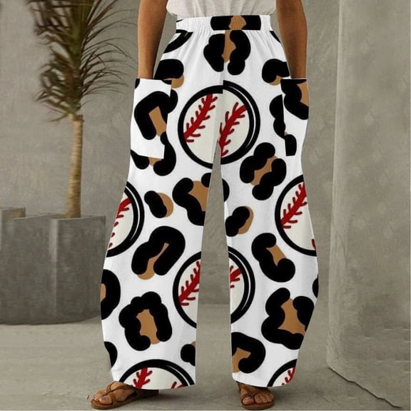 Lilgiuy Fashion Women Comfortable Baseball Printed Color Drawstring Leisure Pants Pockets Loose Pants for Office Work Business