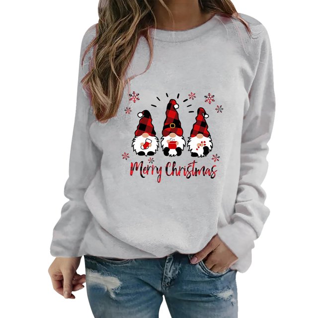 Ukumplol Chemises à Manches Longues pour Femmes Hauts de Sortie pour Femmes Mode Décontractée Chandail en Molleton Chaud Manches Longues Col Rond Chemise Imprimée Douce Chandails en Molleton d'Hiver pour Femmes Gris TG