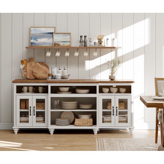 Buffet Cabinet with 4 Glass Doors, Large Coffee Bar Tables Wood Kitchen Storage Cabinets with 9 Storages, Modern Farmhouse Sideboard Credenza for Dining Room