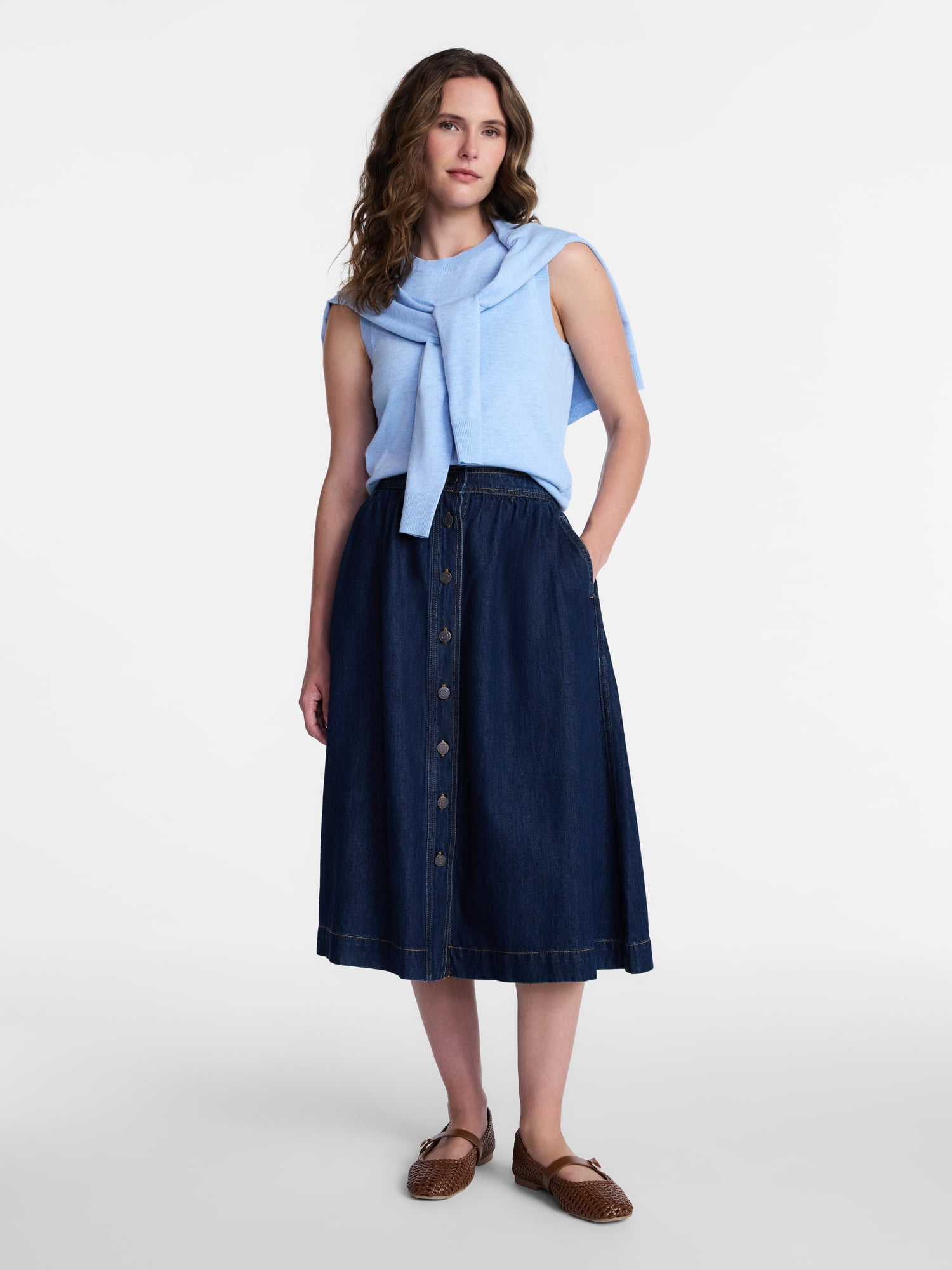 Time and Tru Women's Button Front Denim Midi Skirt, Sizes XS – XXXL