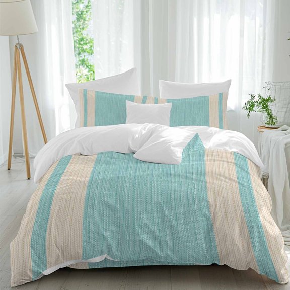 Teal Stripe Comforter Set Twin Size, Modern Geometric Classic Linear Slub Fabric Texture Soft Bedding Set for Man Woman, 4 Pieces Duvet Cover Set with Fitted Sheet, 2 Pillowcases