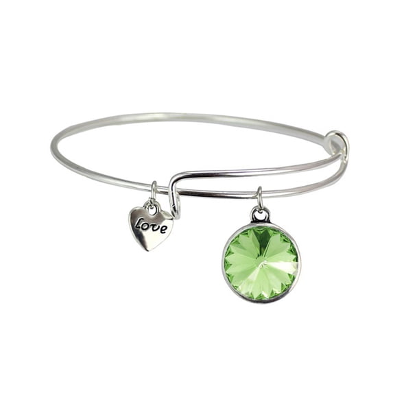 LINEL Silver Expandable Crystal Birthstone Bracelet Silver Heart Love Charm May Birthstone Green