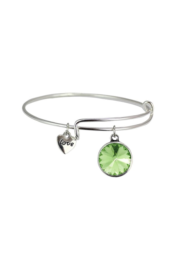 Silver Expandable Crystal Birthstone Bracelet Silver Heart Love Charm May Birthstone Green