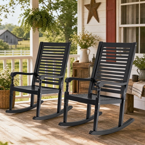 SUMMIT LIVING Acacia Wood Outdoor Patio Rocking Chair Set of 2, Front Porch Chairs for Patio, Garden, Deck, Yard, Poolside, Wood Rocker for Outdoor and Indoor, Black