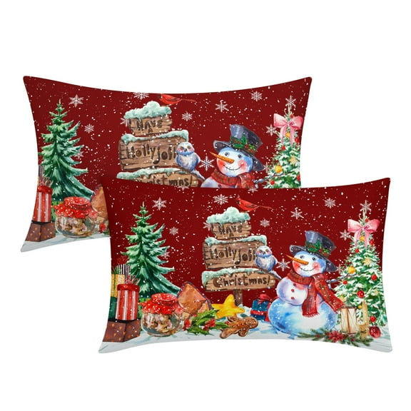 ABSOP Christmas Lumbar Pillow Covers 12x20 Inch Set of 2 Snowman Xmas Trees Snowflake Bird Rectangular Throw Pillows Red Pillow Cases for Sofa Couch Porch Outdoor