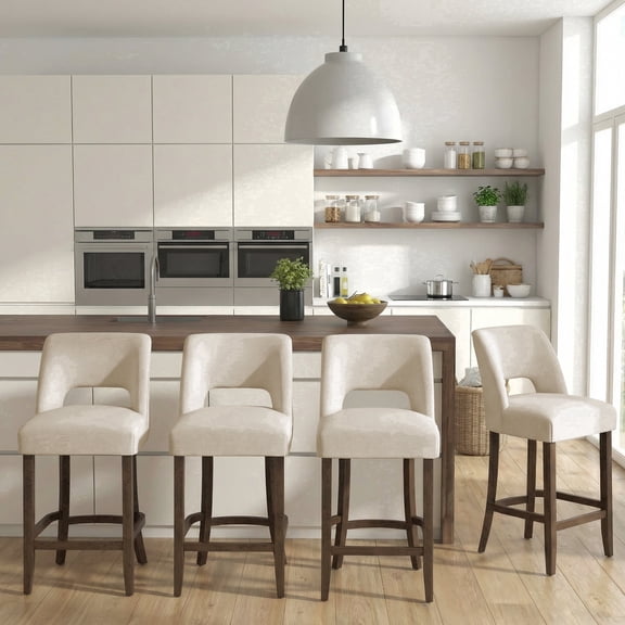Vknow Furniture Bar Stools Set of 4, 26" Upholstered Counter Height Bar Stools, Modern Counter Stools with Wood Legs for Kitchen Island Dining Room Bar,Beige
