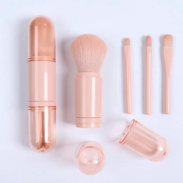 Juego de brochas de maquillaje pequeñas, color rosa, 4 en 1, portátil, cepillo de labios, brocha para resaltar, brocha para sombra de ojos, brocha para base, brocha para polvos retráctil,