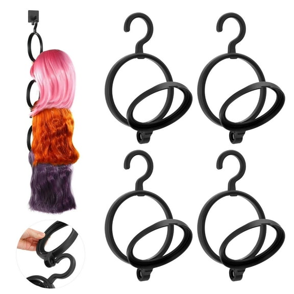 4 Pack Hanging Wig Stand with 1 Adhensive Hooks,Premium Wig Hanger for Multiple Wigs for Display,Storage,Styling,Portable Wig Stands Keep the Wig in Shape