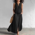 thumbnail image 2 of Womens Linen Look 2 Piece Sets With Sleeveless V Neck Vest And Side Slit Maxi Skirt Featuring Functional Pockets And Solid Color Black L, 2 of 6