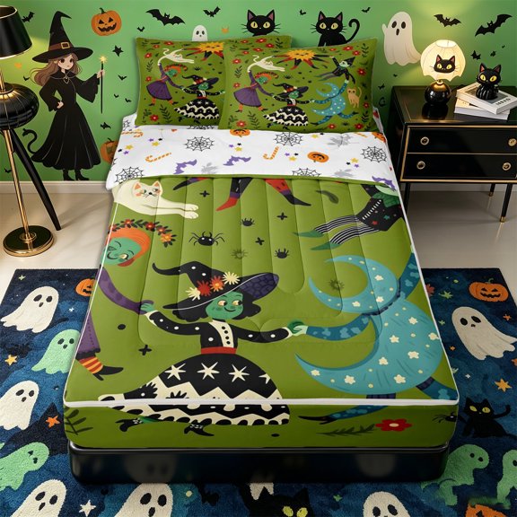 Manfei Halloween Festival Zipper Twin Comforter Sets with Fitted Sheet and 2 Pillowcases, Cartoon Witch Cat Flower Zipper Bedding Set, Green Red Orange,Reversible,4pcs