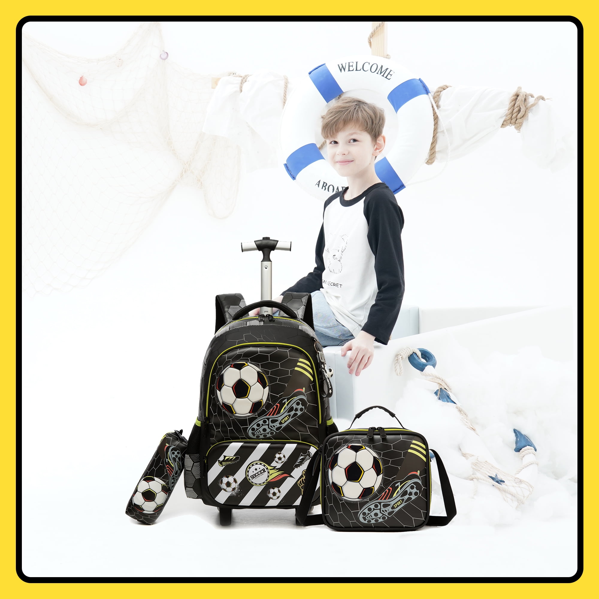 Boys Roling School Backpack with Wheels 3-Piece Wheeled Kids Backpacks with Lunch Box Pen Bag for Pupil Luggage Ages 6-12 Black Soccer