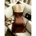 thumbnail image 2 of Brown Satin Halter-Neck Bodycon Mini Dress With Ruched Waist And Cowl Neckline, 2 of 5