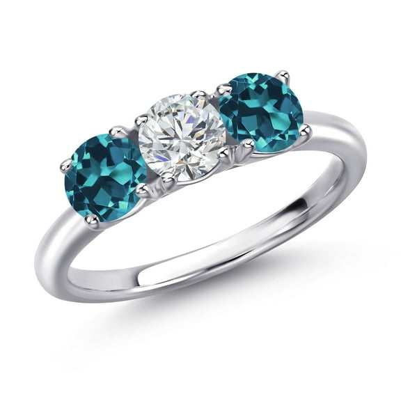 Gem Stone King 925 Sterling Silver Lab Grown Diamond and London Blue Topaz Engagement Ring for Women | 1.90 Cttw | Round 5MM | Gemstone April Birthstone | Size 7