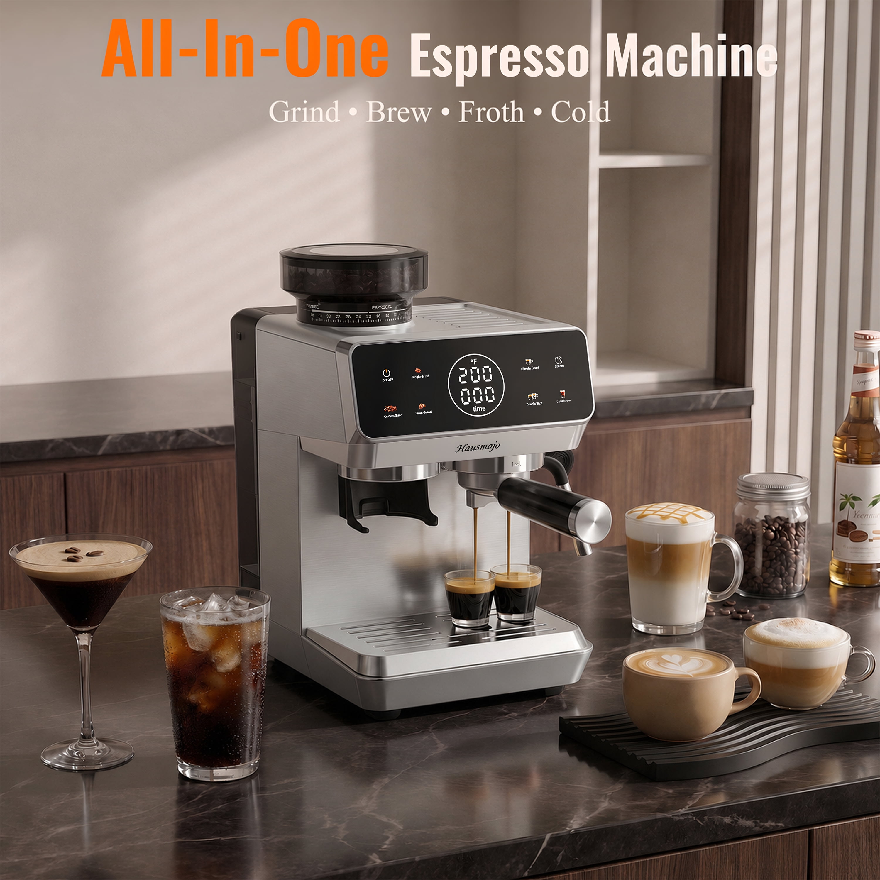 Hausmojo CM1620 Espresso Machine with Grinder and Frother, 20‑Bar Pump, Cold Brew, Latte & Cappuccino, Stainless Steel