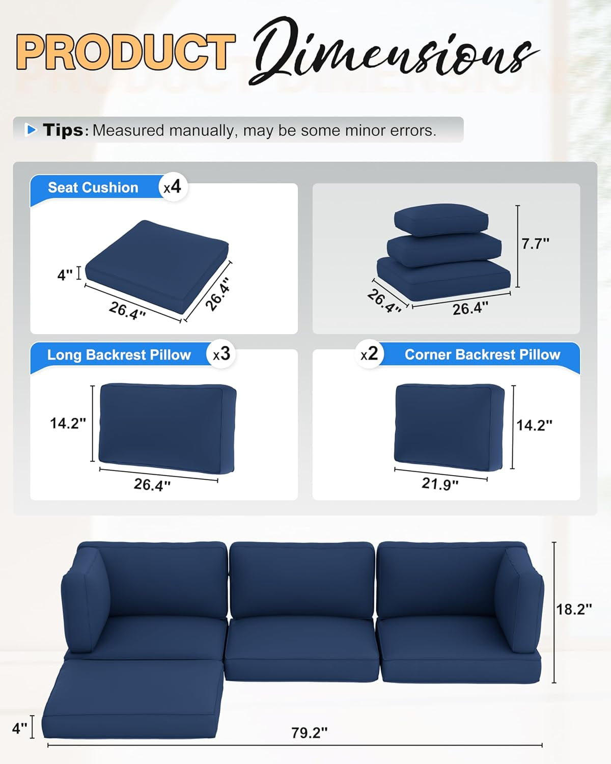SUNCROWN 9 Piece Patio Furniture Cushions, Replacement Outdoor Cushions for 4-Seat Patio Couch, Cushions for Outdoor Sectional Sofa, Blue