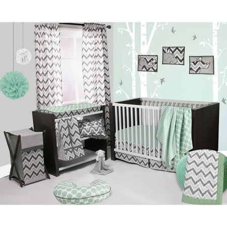 Bacati - Ikat Dots/Stripes 4-Piece Crib Set with 2 Muslin Swaddling Blankets, Mint/Gray