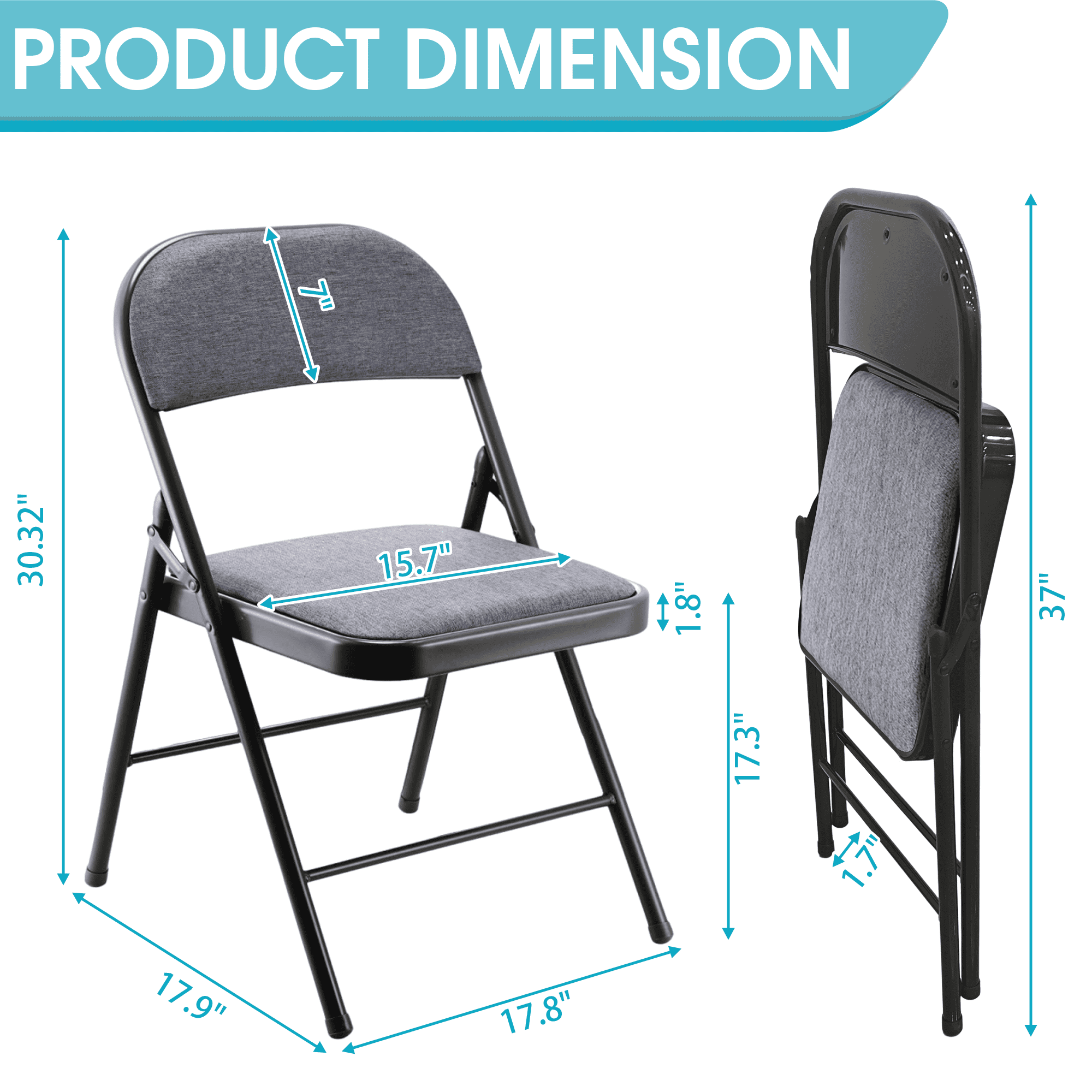 Leumius 4 Pack Folding Chairs with Padded Seats for Outdoor & Indoor,Metal Foldable Chairs with Durable Steel Frame for Events Office Wedding Party Picnic Kitchen Dining,Black Gray