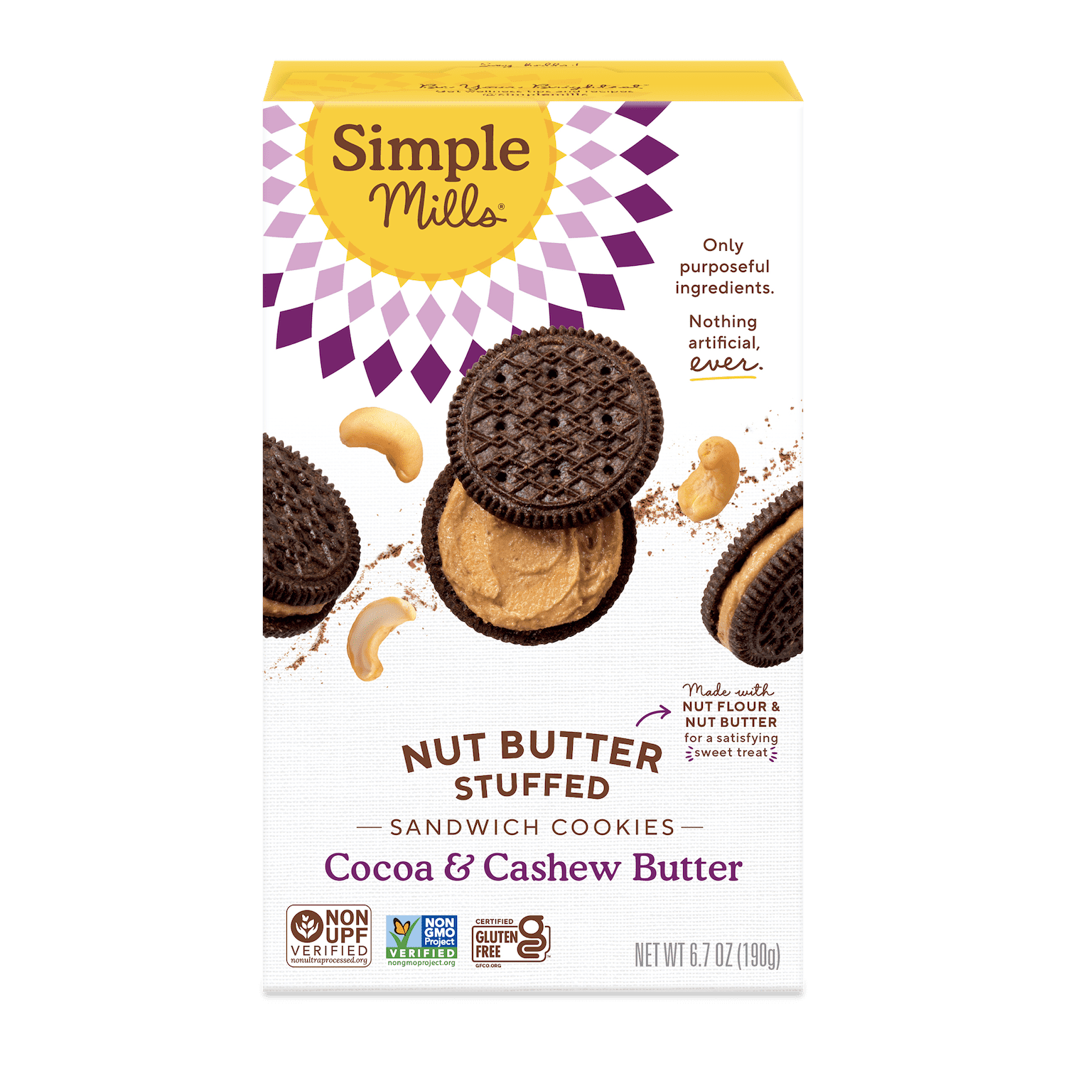 (8 pack) Simple Mills Nut Butter Stuffed Sandwich Cookies, Cocoa Cashew Creme, Gluten-Free, 6.7 oz