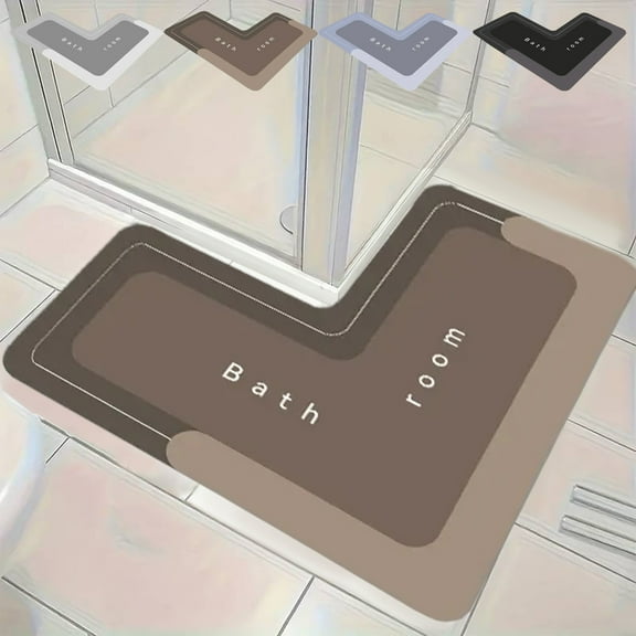 L Corner Bath Rug Memory Foam | Non Slip Velvet Fleece Absorbent Bathroom Mat | Machine Washable Water Resistant | 80x80x40cm | Black Blue Gray Brown | Soft Microfiber Floor Mats for Shower