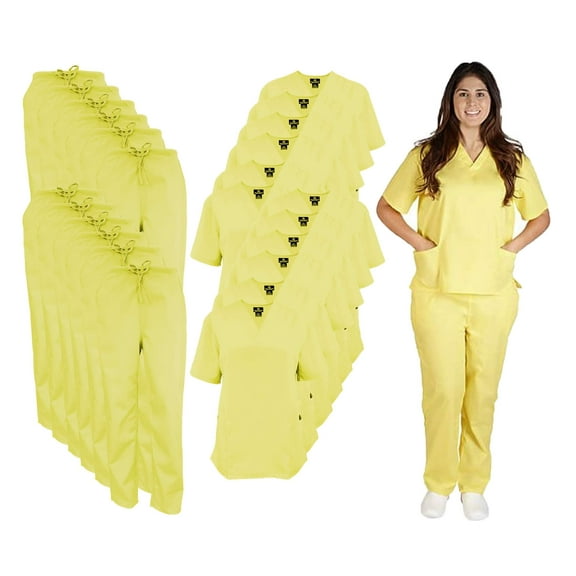 M&M SCRUBS Women Scrub Set V-Neck Medical Scrub Tops and Drawstring Pants - Pack of 12 Set (Yellow, 5X-Large)