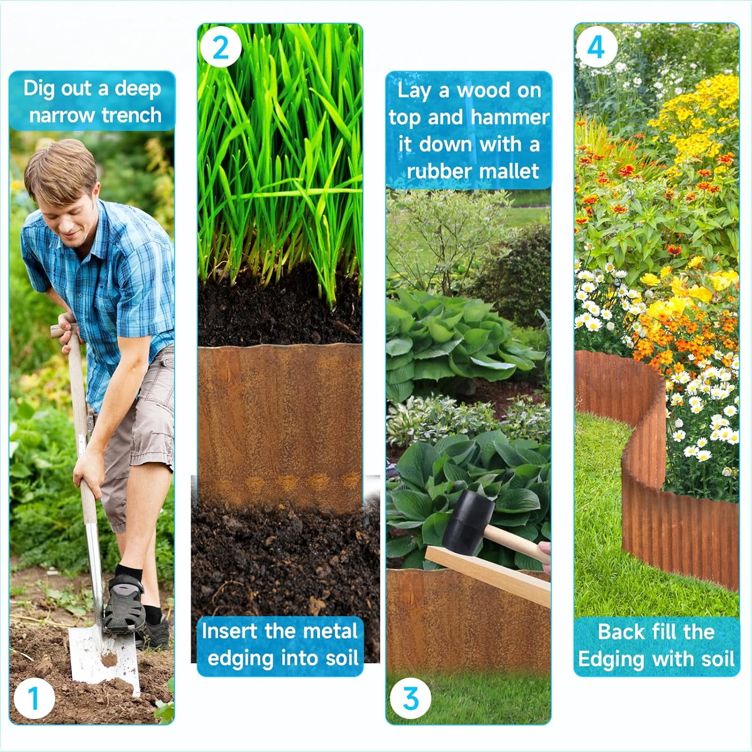 MTART Metal Garden Edging 6Inch x 40FT, Sturdy Corrugated Steel Landscaping Border with Safe Hemmed Edges, Easy Installation for DIY Flower Beds, Lawns, Pathways, Tree Rings, Yards (Rusty)