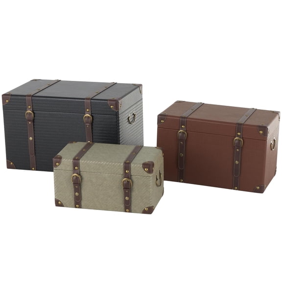 DecMode 24" x 15" Multi Colored Wooden Vintage Studded Woven Storage Trunk with Brown Buckle Straps, 3-Pieces