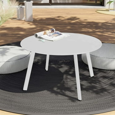 milemont Patio Round Steel Patio Coffee Table, Weather Resistant Outdoor Large Side Table White