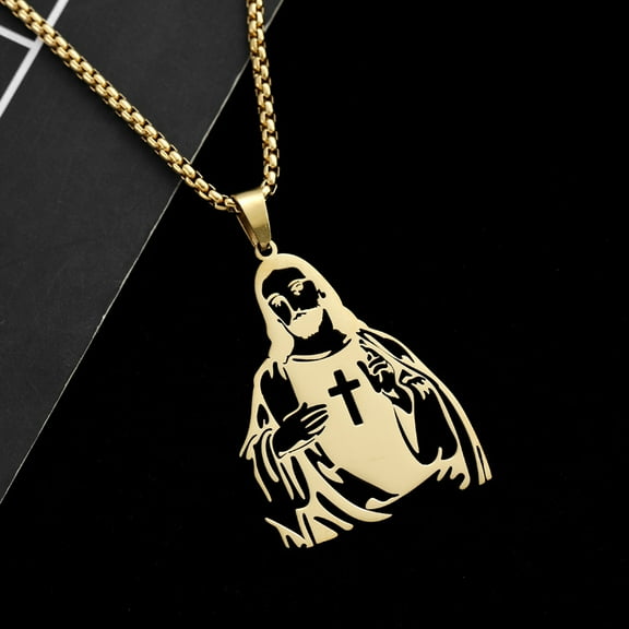 Hollow Sacred Heart of Jesus Catholic Necklace for Women Men 14K Yellow Gold Pendant Hip Hop Chain Jewelry Gift