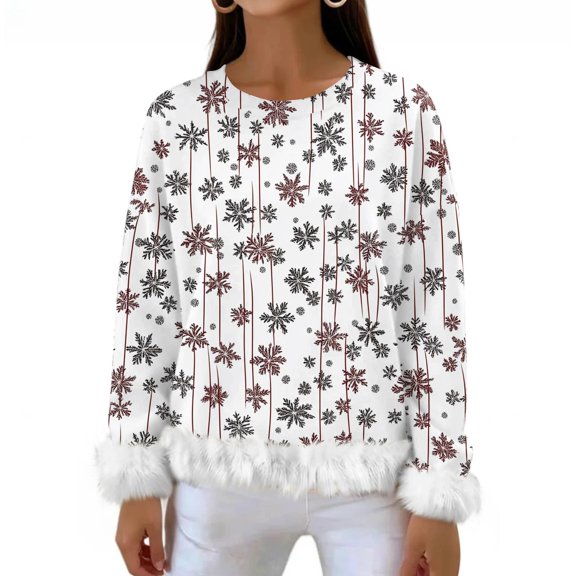 Women's Fashionable And Casual Long Sleeved Printed Pullover Sweatshirt, Christmas Design, Comfortable and Stylish Pullover for Women, Holiday Season Wear,White,M