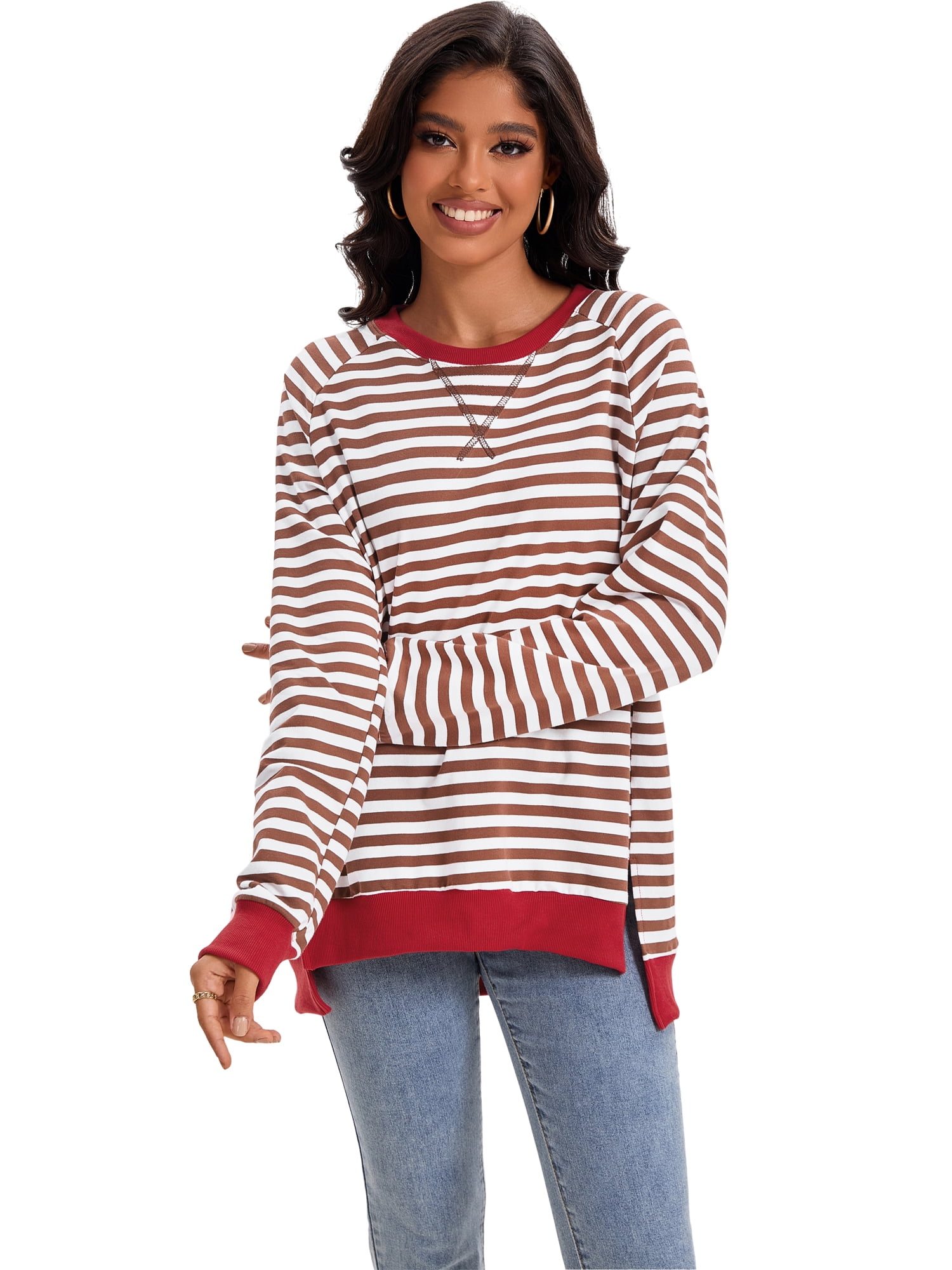 Unique Bargains Women's Striped Oversized Crewneck Pullover Tops S Coffee White