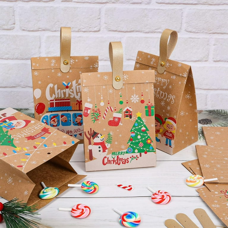 HOWAF Christmas Kraft Gift Bags 12 Pack Christmas Paper Goody Treat Candy Bags with Handle for Xmas Gift Wrapping Christmas Party Decorations Walmart