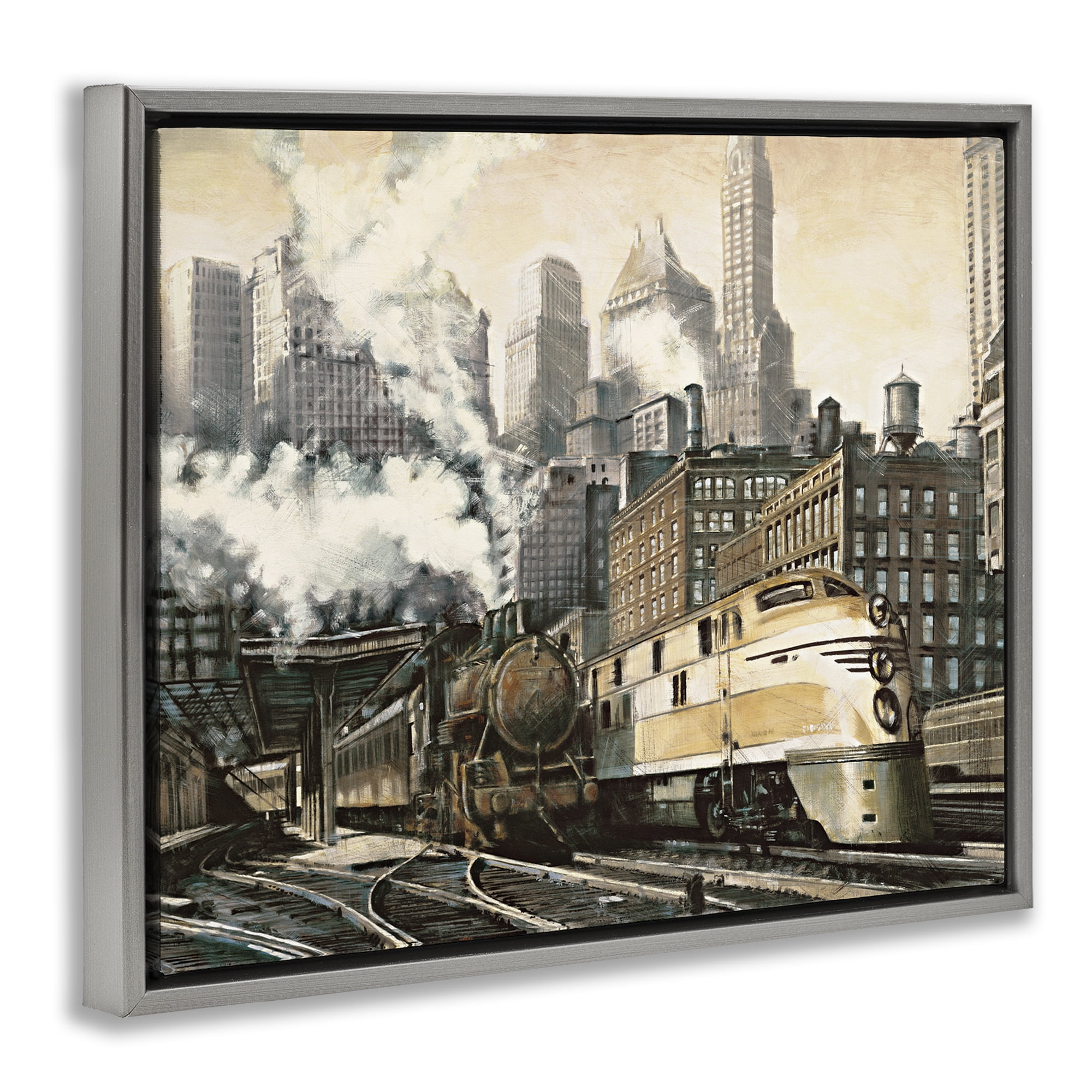 Stupell Industries Urban Steam Train Scenery Painting Gray Floater Framed Art Print Wall Art, 31 x 25