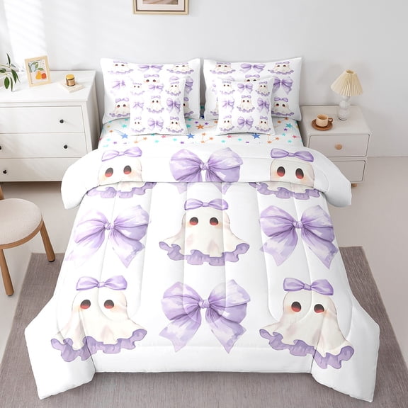Feelyou Bowknot Ghost Bedding Comforter Set 7 Pieces, Cute Halloween Full Bedding Set, Kawaii Princess Cartoon Fitted Sheet Flat Sheet, Ultra Soft Bedroom Decoration