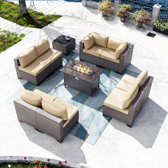 Gotland Ensemble de Mobilier de Patio Extérieur 10 Pcs avec Table Fire Pit au Propane, Sable