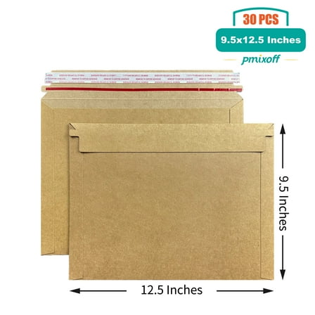 Pmixoff 30 Pack Rigid Kraft Brown Mailers, Self-Seal, 9.5 x 12.5 Inches