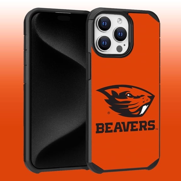 Apple iPhone 15 Pro Max (6.7) - Licensed NCAA of Oregon State University Beavers Logo on Orange Textured Dual Layer Case