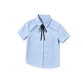 thumbnail image 5 of Girls Button Up Shirts Ribbon Bow Short Sleeve Collar Blouses Casual Soft Summer School Uniform Tops (3 Years, Blue), 5 of 8