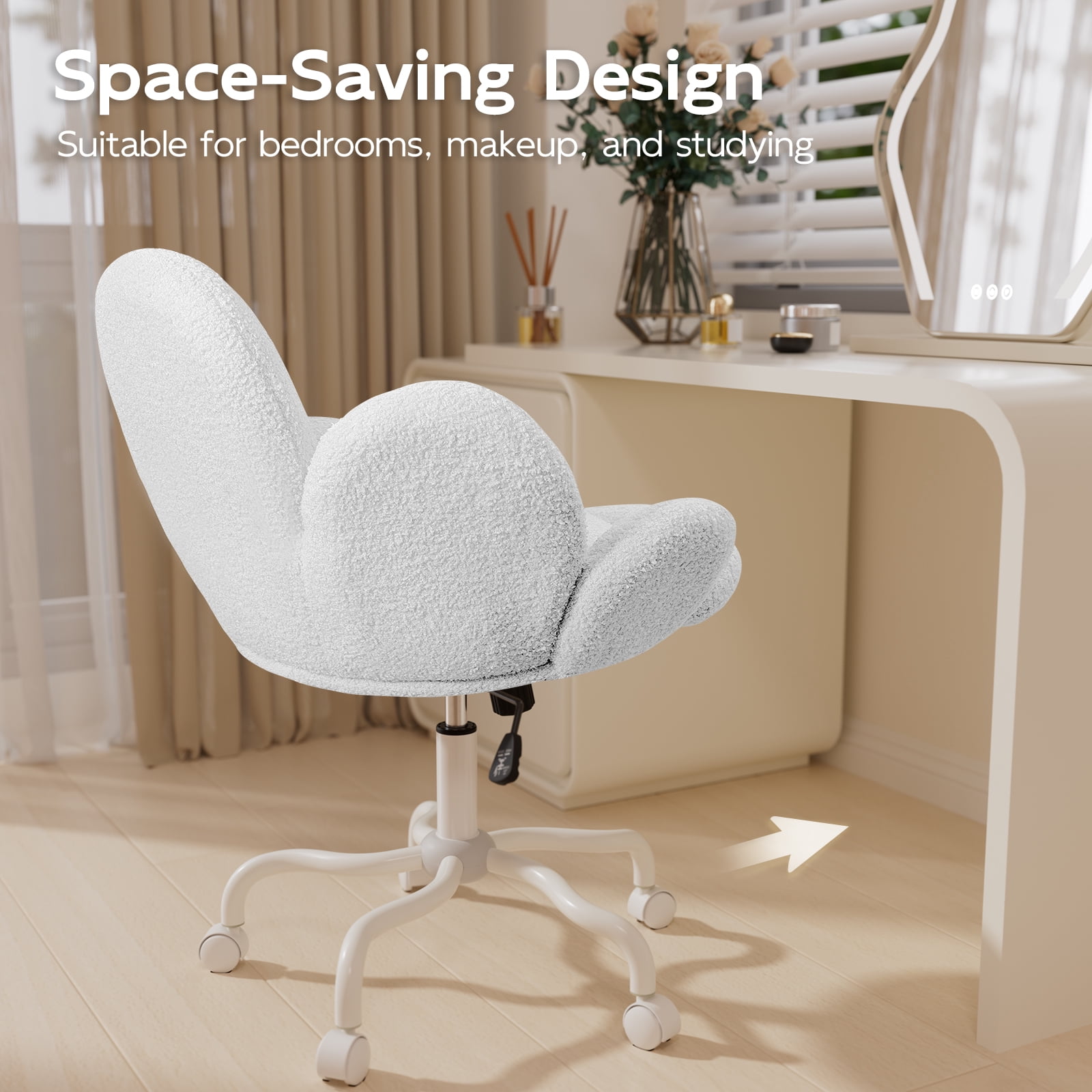 Solfway White Vanity Chair with Wheels and Back, Cute Daisy Flower Comfy Upholstered Fuzzy Vanity Desk Chair for Girls Makeup, Swivel Rolling, and Height Adjustable