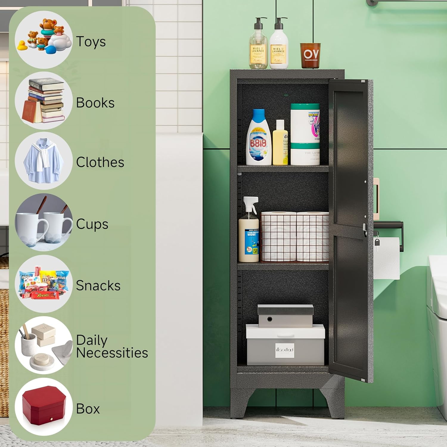 Kitchen Pantry Cabinet,Pantry Storage Cabinet with Lock and Adjustable Shelves, Metal Food Pantry Cabinets with Handle,3 Tier Metal Storage Cabinets for Home/Kitchen/Laundry-Assembly Required(Black)