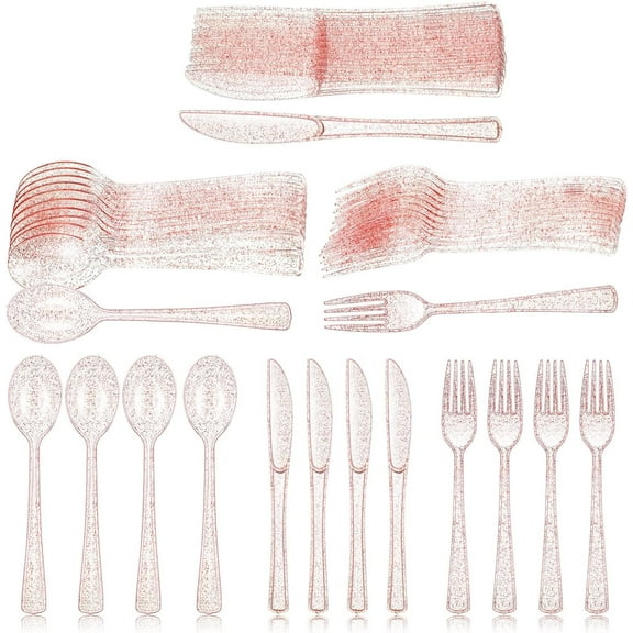 BlinkLLX 90 Pcs Pink Plastic Silverware Set Disposable Flatware Christmas Silverware Includes 50 Forks 50 Spoons 50 Knives Glittery Plastic Cutlery Pink Utensils Set for Birthday