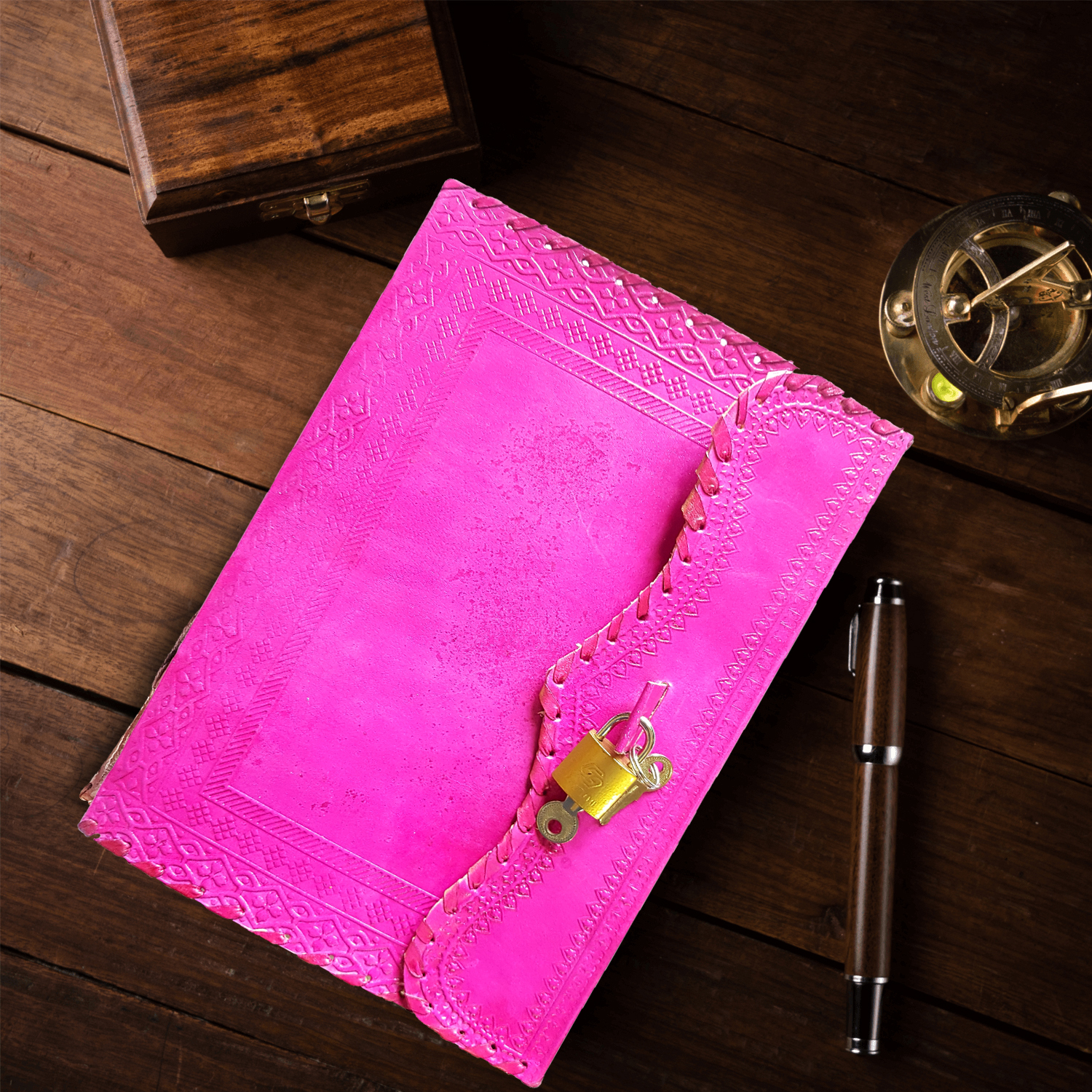 Jaald 10" Leather Journal Blank Notebook Handmade Travel Diary with Lock Writing Bullet Journal Christmas Gift Pink Sketchbook for Artists