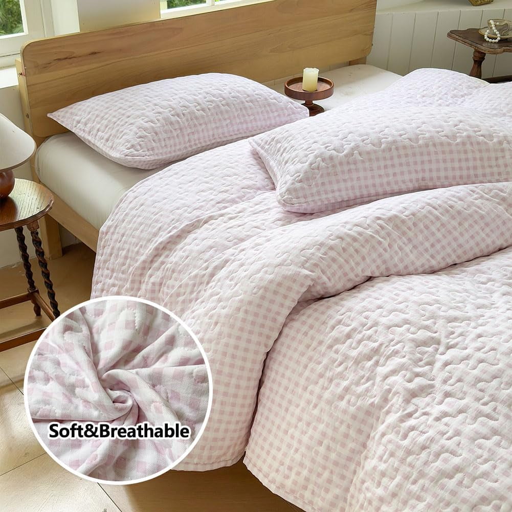Pink Gingham Queen Quilt Set, Soft Pre-Washed Microfiber Plaid Queen Bedspread, Lightweight Checked Summer Quilt, Grid Bedding Coverlets for All Seasons (Includes 1 Quilt, 2 Pillow Shams)