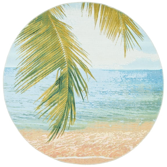 SAFAVIEH Barbados Palm Leaves Outdoor Area Rug, Gold/Blue, 8' x 8' Round