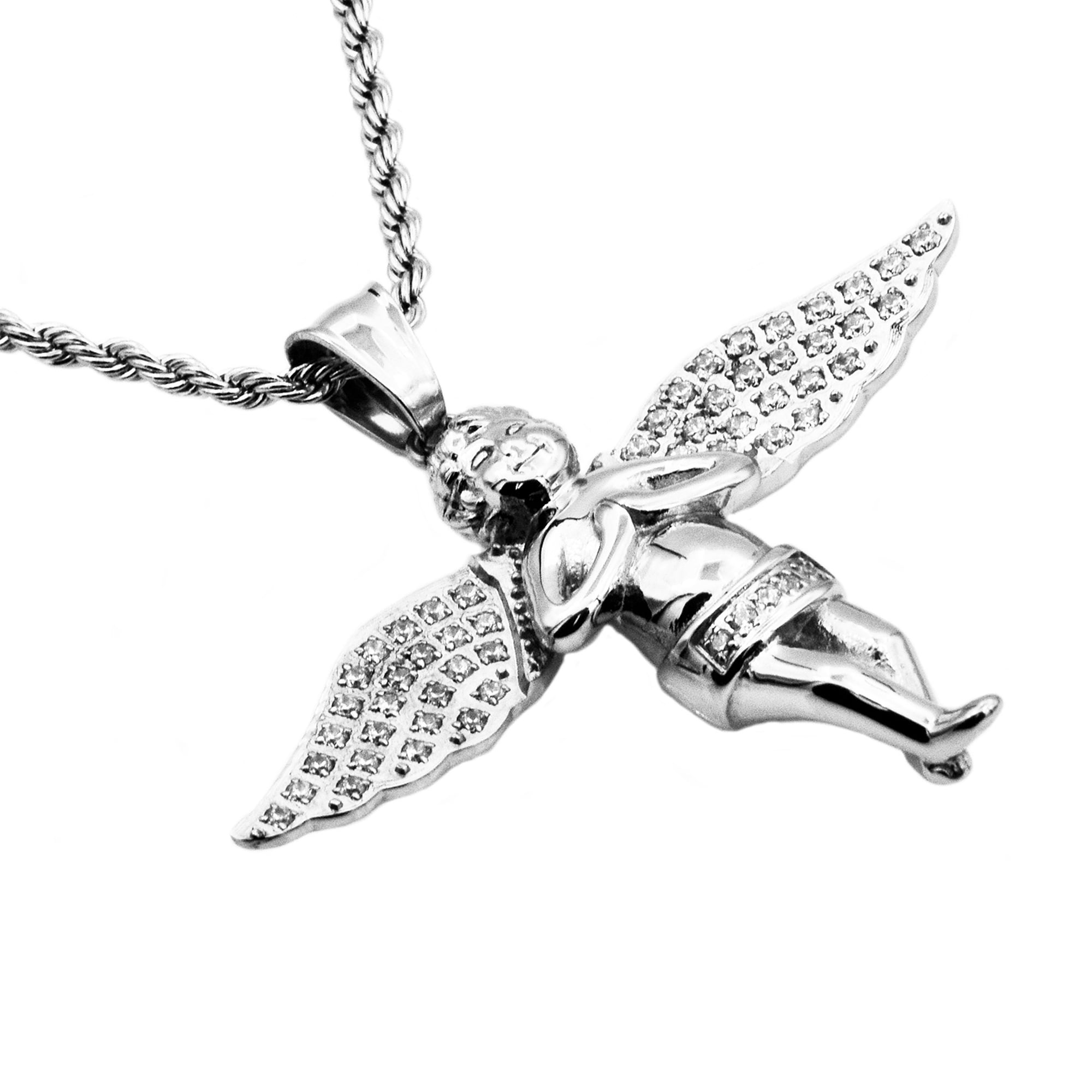 Arista Cubic Zirconia Diamonds Men's Cherub Pendant in Stainless Steel, 24"