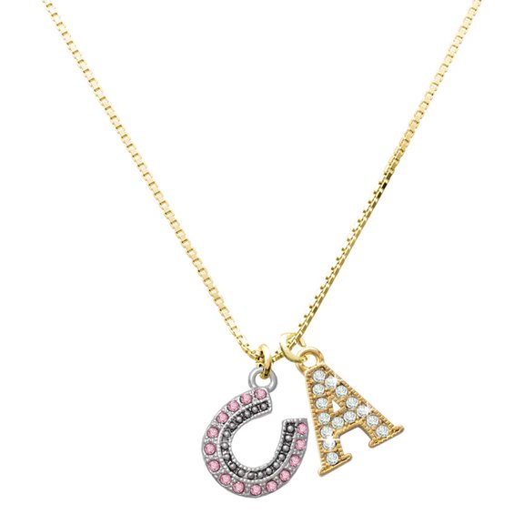 Delight Jewelry Silver-tone Beaded Pink Crystal Horseshoe with Good Luck - Large Goldtone Crystal Initial - A - Charm Necklace, 17.5" 2"