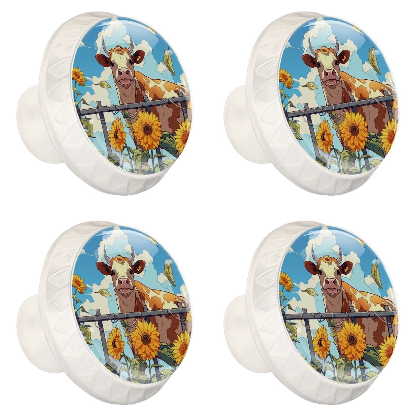 4 Pcs Cow and Sunflower Knobs for Kitchen Cabinet Cupboard Dresser Bookcase Drawer Pulls Handles Round Home Decor